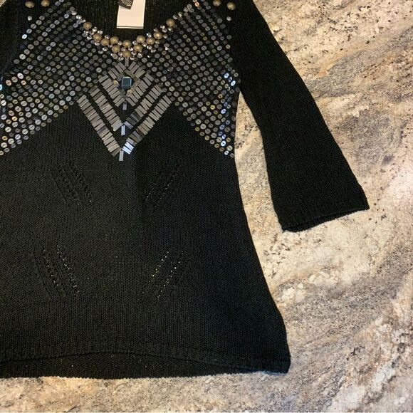BCBGMAXAZRIA Black Knit V Neck Sweater Embellished Silver Studs & Sequins Large - Picture 7 of 9